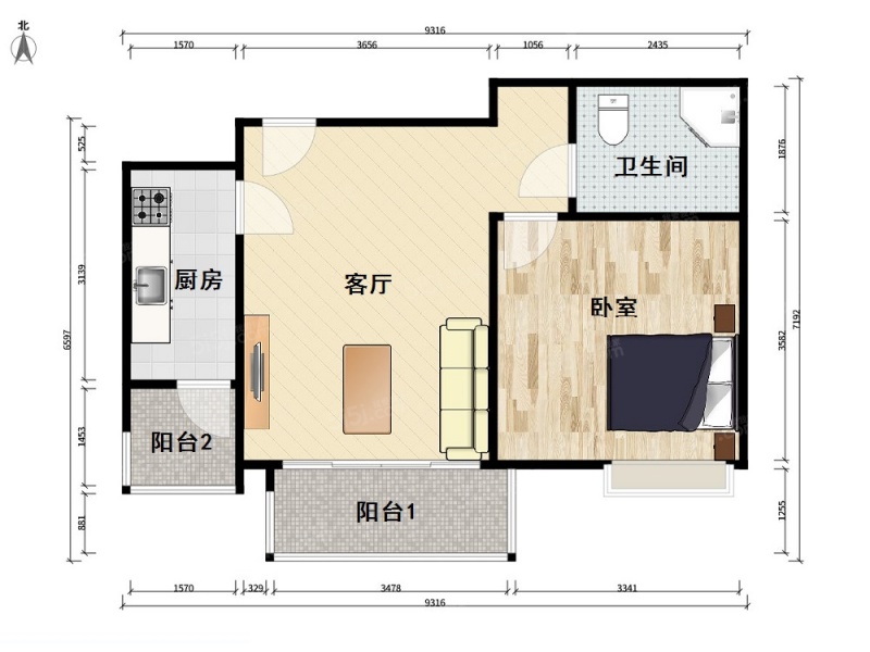 紫南家园 1室1厅1卫 61.87㎡