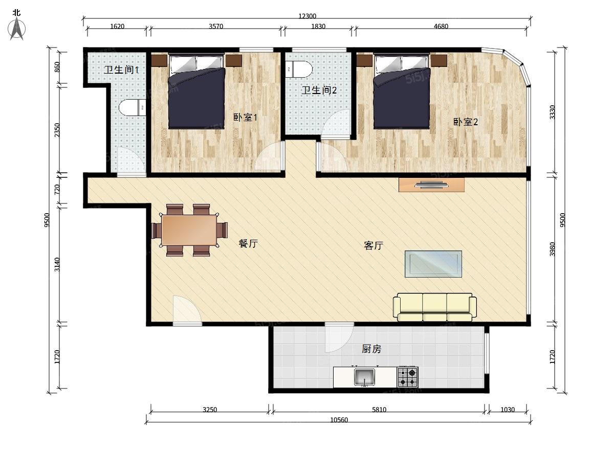 北京財富中心2室2廳戶型圖