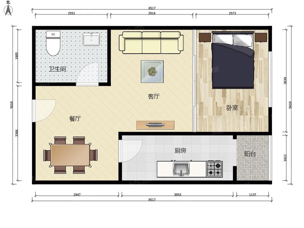 富润家园1室2厅户型图