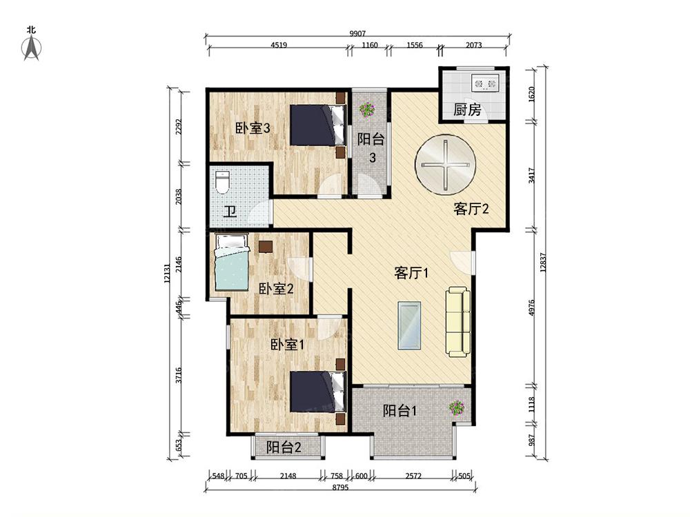 桃花岛3室2厅户型图