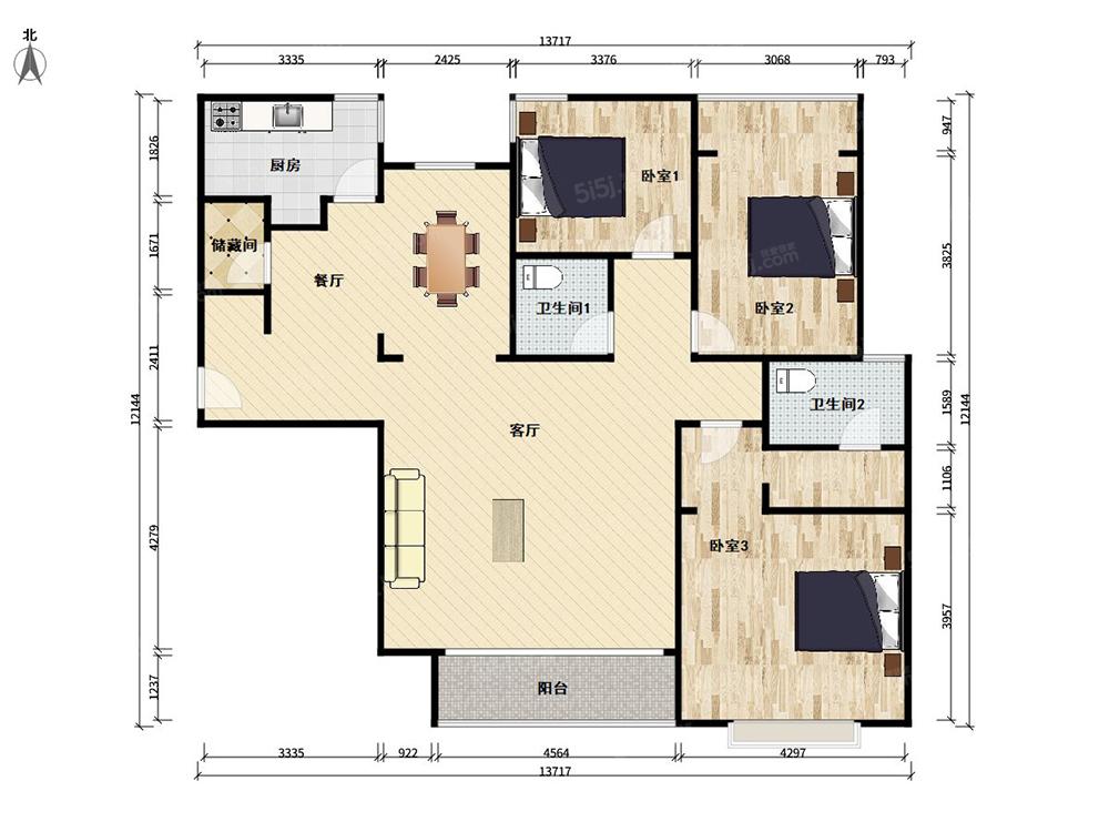 橡树湾二期3室2厅户型图